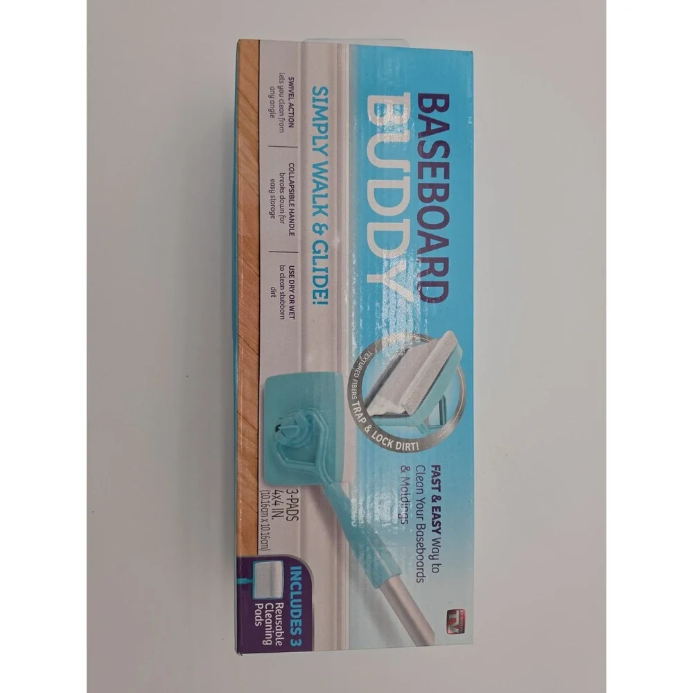 New BASEBOARD BUDDY Cleaning Tool 3 XL Reusable Pads 4 ft Handle Moldings Clean